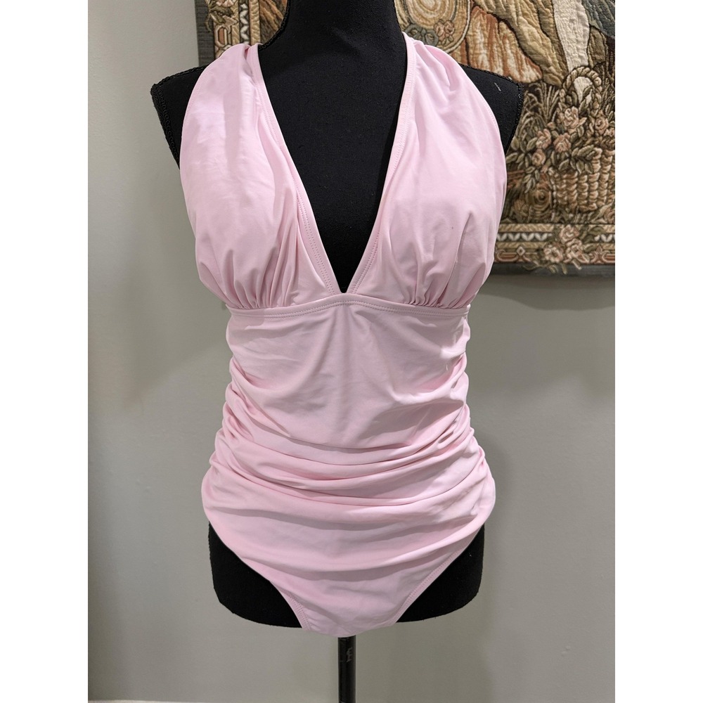 AIMAGE Swimsuit Womens Large Pink Halter Ruched One Piece Padded Lined Stretch